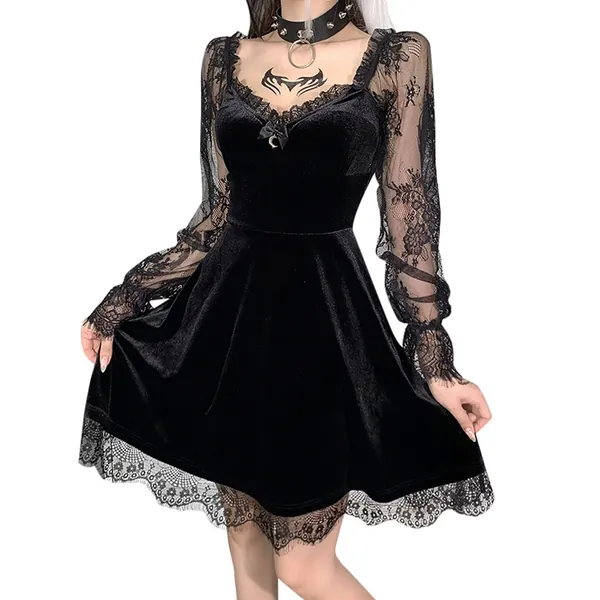 Women's Autumn Beige Women Black Transparent Sleeve Dress Punk Lace Bandage Gothic Dress Party Dress Sexy Long Knitted Dress Knee-Length Party Dress Winter Dress Ladies Only 