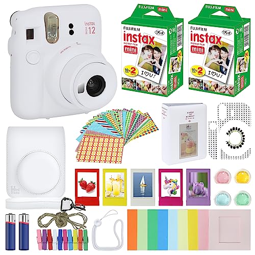 Fujifilm Instax Mini 12 Instant Camera Clay White + Carrying Case + Fuji Instax Film Value Pack (40 Sheets) Accessories Bundle, Color Filters, Photo Album, Assorted Frames - Clay White