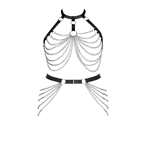 Plus Size Body Harness for Women Gothic Pentagram Full Cage Hollow Out 2 Piece Strappy Bra Garter Belts Set Punk Clothing - Black Dmo168+dmp17