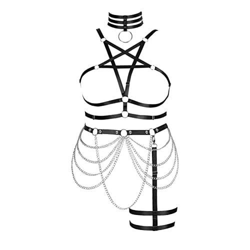 Plus Size Body Harness for Women Gothic Pentagram Full Cage Hollow Out 2 Piece Strappy Bra Garter Belts Set Punk Clothing - Black Dmo5+dmp72