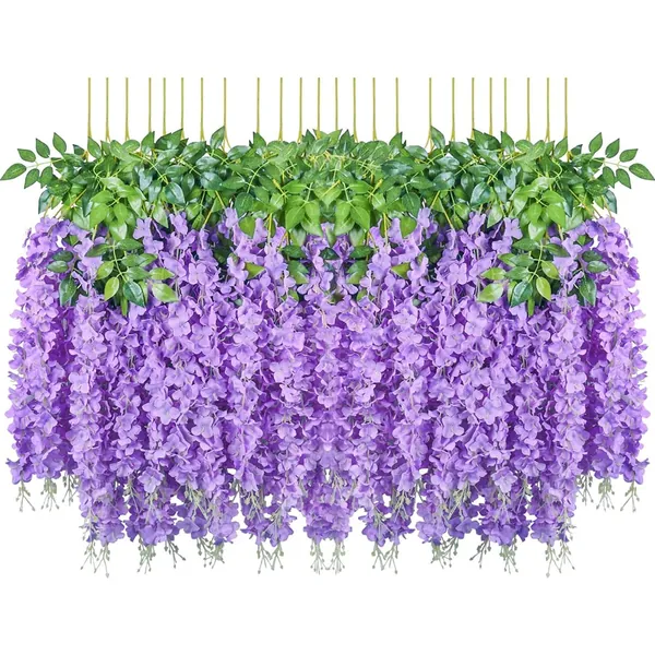 Pauwer 24 Pack (86.6 FT) Artificial Wisteria Vine Ratta Fake Wisteria Hanging Garland Silk Long Hanging Bush Flowers String Wedding Home Party Decor (Purple) - 24 Pack Purple
