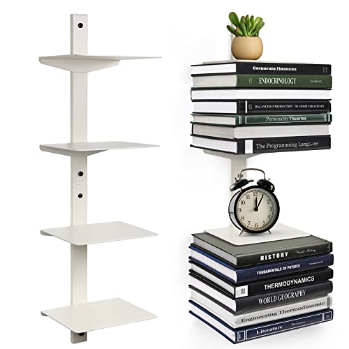 ART-GIFTREE Invisible Floating Bookshelf for Wall Mounted, 4 Tier Vertical Spine Book Tower, 2 Pack White - 2PC-4 Tier - White