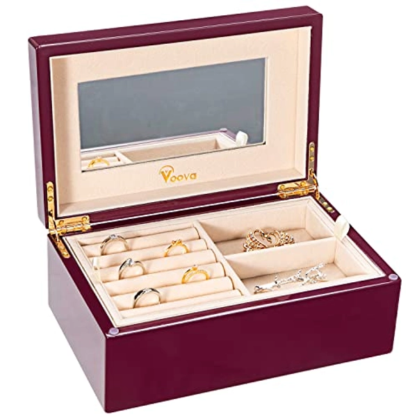 Voova Wooden Jewelry Box Organizer for Women Teen Girls, Luxury Piano Paint Wood Jewelry Case with Mirror, Large Jewellery Storage Boxes Display Holder with Removable Tray for Earrings Rings, Purple - Piano Paint-Purple