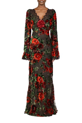 Floral Burnout Velvet Gown Dress With Bell Sleeves | Black / 6