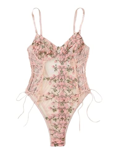 Lilosy Women Sexy Lace Up Floral Embroidered Teddy Lingerie Bodysuit Top Mesh Sheer One Piece - Small - Pink