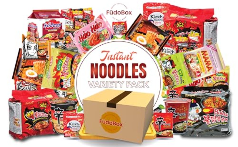 FUDOBOX Asian Instant Ramen Noodles Variety Pack with Cookies & Chopsticks | Wai Wai, Mama, Hao, Acecook | Student Care Package | Spicy Noodles Challenge | 15 Pack Assorted