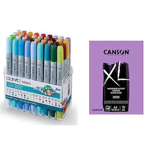 COPIC Ciao Marker 36er Manga Starter Set, alkoholbasierte Allround Layoutmarker, im praktischen Acryl-Display & CANSON 297236 XL® Marker, Markerblock, DIN A4, 100 Blatt, 70 g/m²