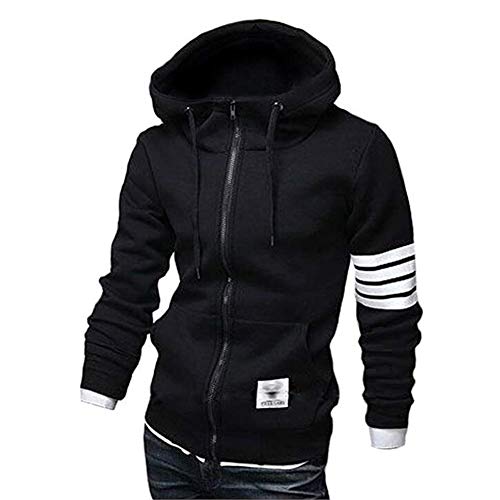 ZUEVI Men's Hoodies Casual Striped Drawstring Hooded And Zipper Closure Hoodie Slim Fit Fleece Sweatshirt - Large - Blalck