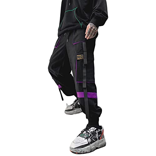 Astellarie Mens Techwear Elastic Waist Jogger Cargo Pants Streetwear Hip Hop Harem Pants with Multi Pockets - waist:34"-36" - Purple