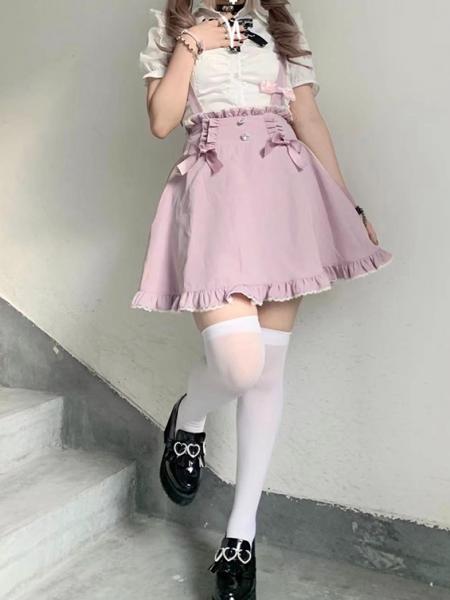 Pink Bowknot Details Overalls High Waist Jirai Kei Dress