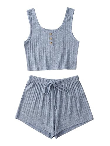 SOLY HUX Women's Button Front Ribbed Knit Tank Top and Shorts Pajama Set Sleepwear Lounge Sets - Small - Blue