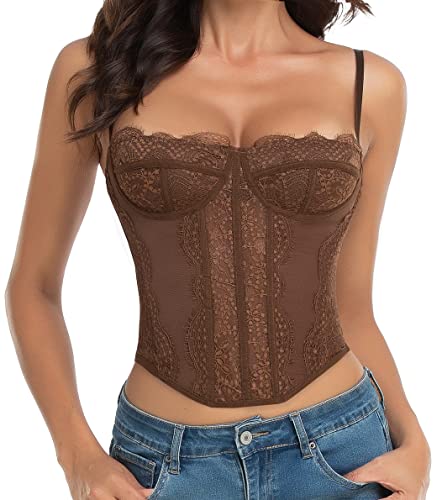 Raxnode Lace Bustier Corset Tops for Women - Sexy Going Out Party Club Top with Buckle - Coffee - Medium