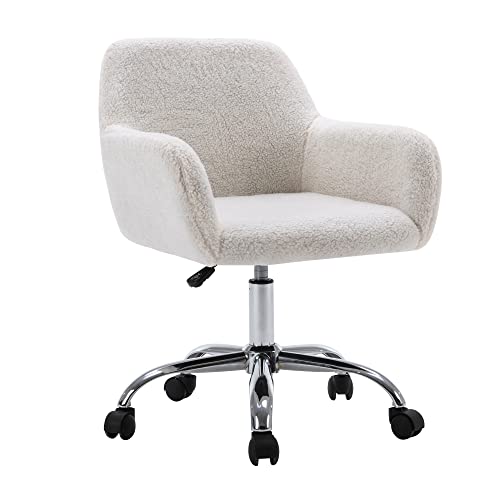 KCC Faux Fur Vanity Makeup Desk Chair, Comfy Fluffy Swivel Modern Leisure Armchair with Wheels, Upholstered Fuzzy Height Adjustable for Teens Women Girls Elegant Home Office - White+plush