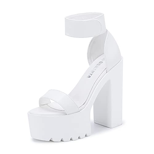OCHENTA Womens Fashion Platform Sandals Chunky Heels Lug Sole Block High Heel Comfortable Sexy Heels - 7 - A White