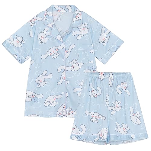 WANHONGYUE Kawaii Cartoon Pyjama Femme Ensemble de Pyjama Chemise de Nuit et Short Ete 2 Pièces Vêtements de Nuit - M - Bleu-1