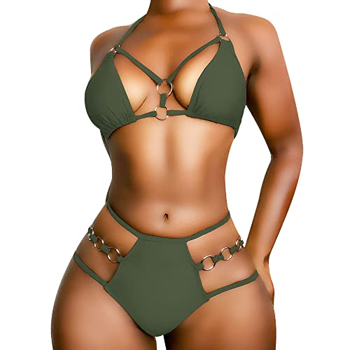 EJsoyo Womens Sexy Thong Bikini Swimsuits String Push up Padded Bathing Suit 2 Piece Cheeky Swimwear with Metal Ring - Large - Army Green