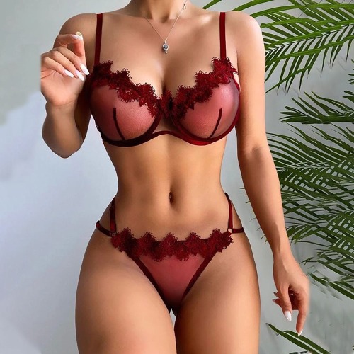 Sheer Mesh Bra Set with Lace Appliques and Strappy Sides - Burgundy / M
