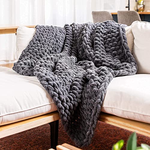 SAMIAH LUXE Grey Chunky Knit Blanket Throw 50x60; Knitted Throw Blankets for Boho Decor,Large Knit Blanket Chunky Yarn;Thick Knitted Chunky Blanket;Thick Cable Knit Throw for Couch, King/Queen Bed - Graphite - 50 x 60"