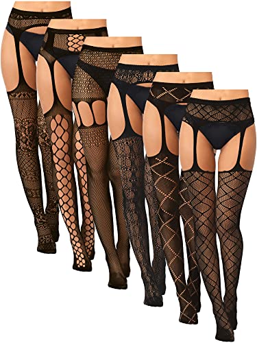 Skylety 6 Pairs Women Fishnet Thigh-High Stockings Tights Suspender Pantyhose Stockings for Women Girls - Black Printed, - Medium-Large