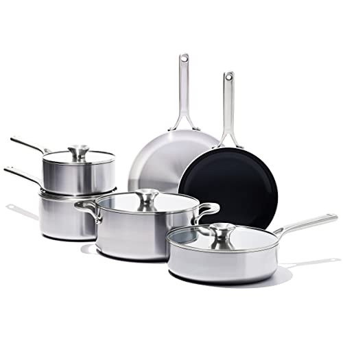 OXO Mira Tri-ply Stainless Steel, 10 Piece Cookware Pots and Pans Set including Ceramic Nonstick Frying Pan, Induction, Multi Clad, Dishwasher and Metal Utensil Safe - 10 Piece Cookware Pots and Pans Set - Tri-Ply