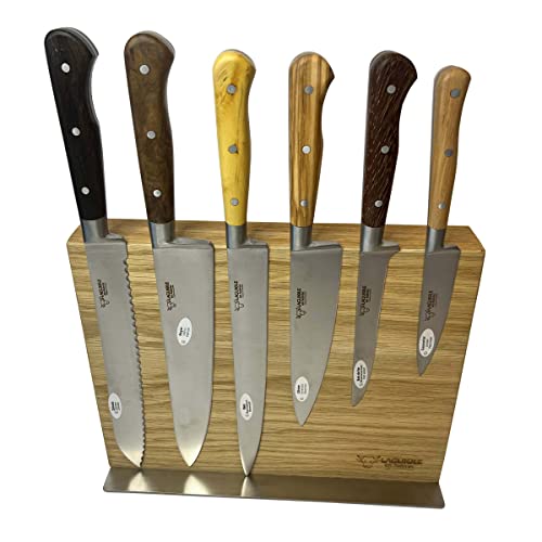 Laguiole En Aubrac Kitchen Knife Set, 7-Piece Forged Mixed Wood Handle Kitchen Knives: Chef's Knife, Bread Knife, Paring Knife, Utility Knife, Fillet Knife And Boning Knife With Magnetic Oak Block