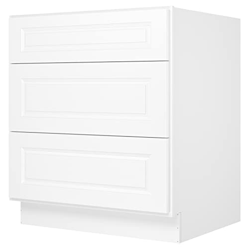 LOVMOR Kitchen Base Cabinets, Drawer Base Cabinet, 3-Drawer,Soft Close Hardware, 24 x 30 x 34.5 inch - Traditional White - 30"W&3-Drawer