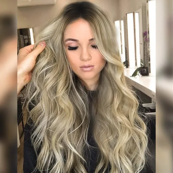 Pinkshow Ombre Blonde Lace Front Wigs Natural Wavy Synthetic Wig for Women Dark Root Blonde Heat Resistant Wig