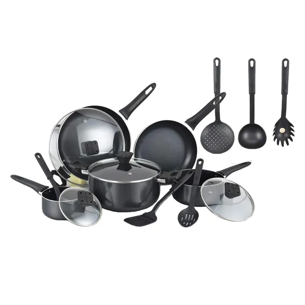 Kitchen Cookware Nonstick Pots and Pans Set, 15 Piece (Utensils and Glass Lids Included) Durable Professional Grade Aluminum Kitchenware, Oven safe, Black by Chef's Star