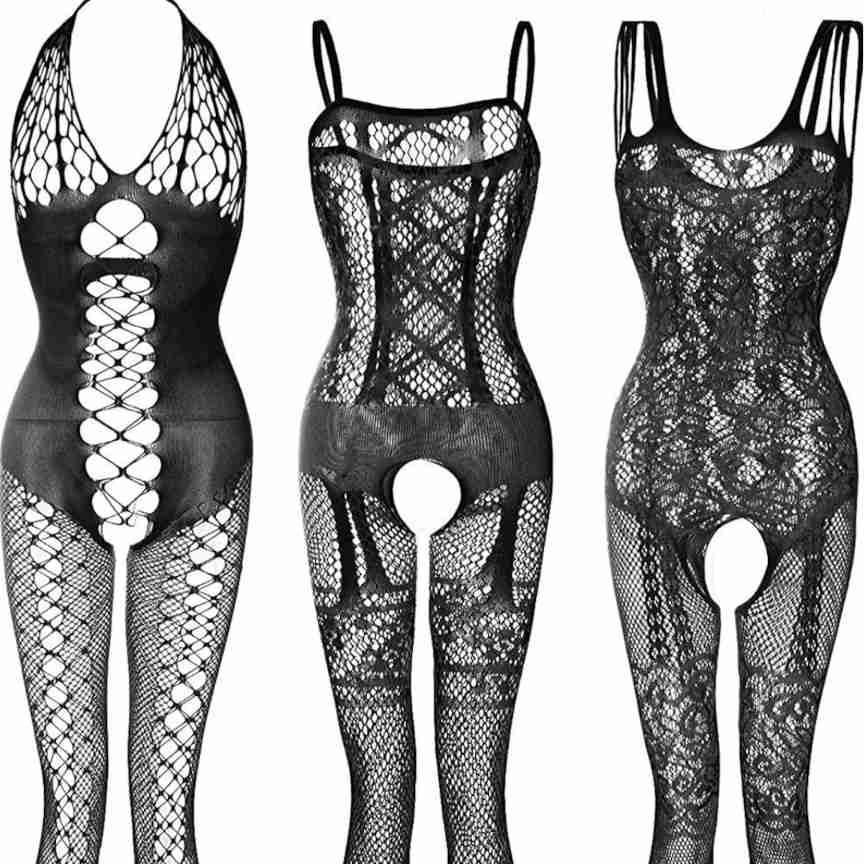 LOVELYBOBO 2 Pack Womens One Size Fishnet Bodystockings Striped Lingerie Crotchless Bodysuits Tights Suspenders Black