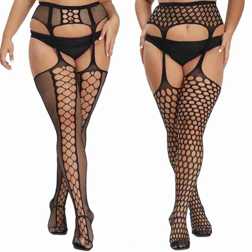MANZI Plus Size Stockings Thigh High Fishnet Stockings Suspender Patterned Tights for Women (Pack of 2)