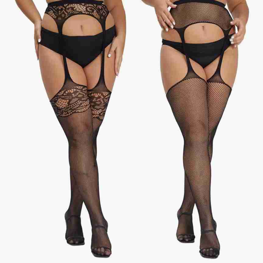 MANZI Plus Size Stockings Thigh High Fishnet Stockings Suspender Patterned Tights for Women (Pack of 2)