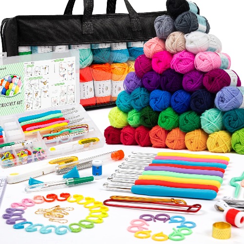 113 Piece Crochet Kit with Yarn Set–1600 Yards Assorted Yarn for Knitting and Crochet, 73PCS Crochet Accessories Set Including Ergonomic Hooks, Knitting Needles & More Ideal Beginner Kit - 