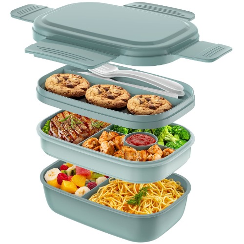 Bento Box Adult Lunch Box,3 Stackable Bento Lunch Containers for Adults/Kids, Modern Minimalist Design Bento Box with Utensil Set, Leak-Proof Lunchbox Bento Box for Dining Out, Work, School, Picnic - Green