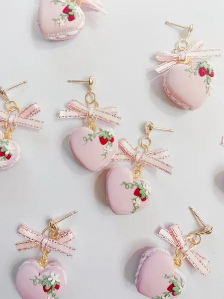 Cute macaron earrings, desert earrings,heart shape earrings,miniature food,strawberry earrings,candy earrings,cookie earrings,pastel macaron