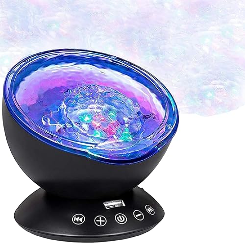 Bright Autism Calming Sensory Sea Lamp - Night Light Projector for Kids, 7 Light Modes, Color Changing Music Player, Nature Relaxation Sounds - Black