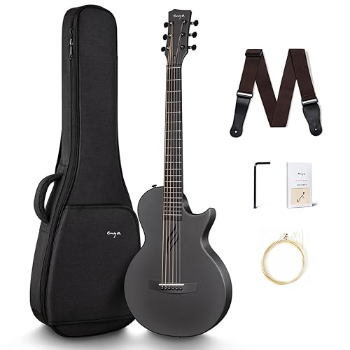 Enya Nova Go Carbon Fiber Acoustic Guitar 1/2 Size Beginner Adult Travel Acustica Guitarra w/Starter Bundle Kit of Colorful Packaging, Acoustic Guitar Strap, Gig Bag, Cleaning Cloth, String(Black) - 35" - Black
