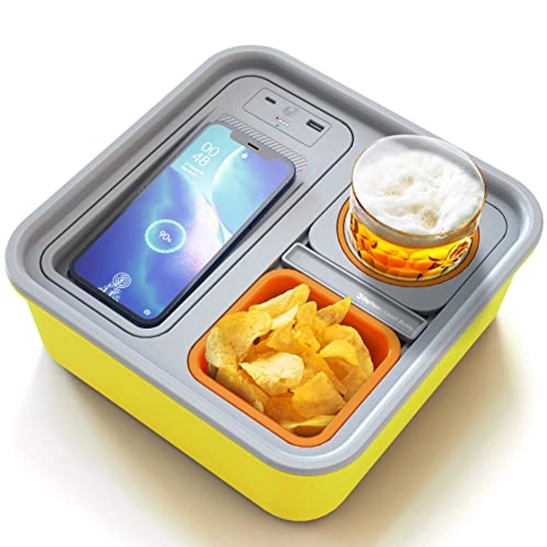 Zigtiger Cup Holder, Couch Organizer with Wireless Power Bank & Snack Cup,Yellow Hand Tray Couch Arm Table, Self Balancing Console for Sofa, Bed, Car, Beach, Travel, Video Gaming