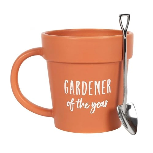 RAJX Gardener Mug, Novelty Christmas Gifts for Gardeners, Ceramic Tea and Coffee Cup with Shovel Spoon, Coffee Cups Gift for Him or Her, Plant Pot Cup Nature Lovers on Xmas