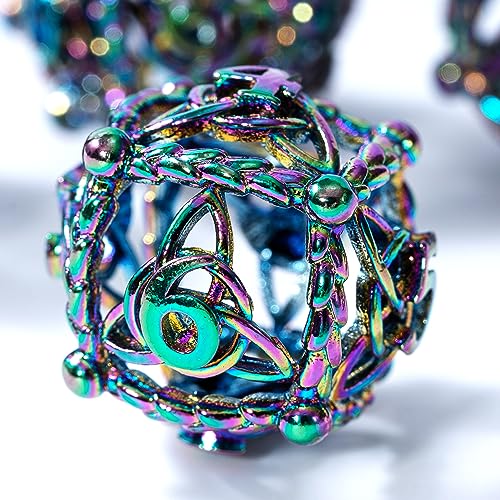 Metal DND Dice Set - Unique Round Hollow Orb Design for Better Rolling - Beautiful Celtic Knot Metal Dice Set for Role Playing Games (RPG) - Stunning D&D Dungeons and Dragons Dice Set (Rainbow) - Rainbow Knot