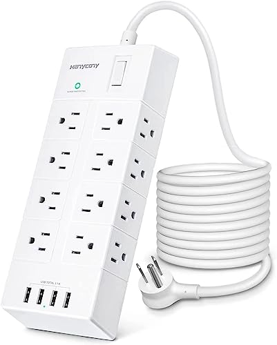 Extension Cord 10Ft, Power Bar Surge Protector with 16 Outlets 4 USB Ports, Flat Plug, Overload Protection, Wall Mount, Desk Charging Station for Dorm Room Home Office - 10Ft