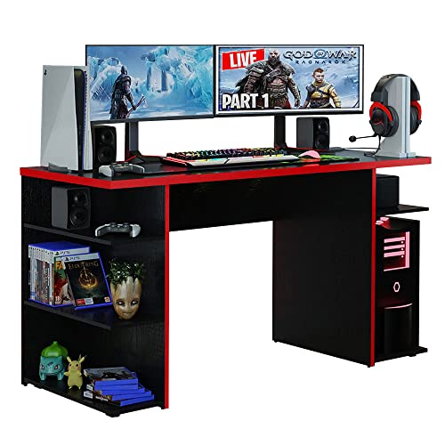 MADESA Gaming Desk with Shelves 53inch, Gamer Desk for Large Monitor Stand, Wooden, Office Writing Workstation, Game Station - 24" D x 53" W x 29" H - Black/Red - Black/Red