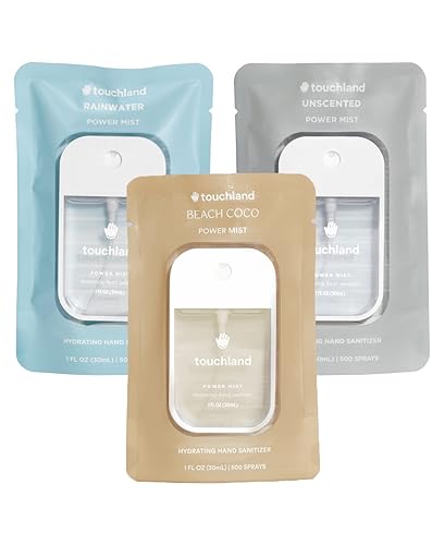 Touchland Power Mist Hydrating Hand Sanitizer Spray, DYE FREE 3-PACK (Rainwater, Unscented, Beach Coco), 500-Sprays each, 1Fl Oz Travel Size (Set of 3) - Dye Free 3-Pack