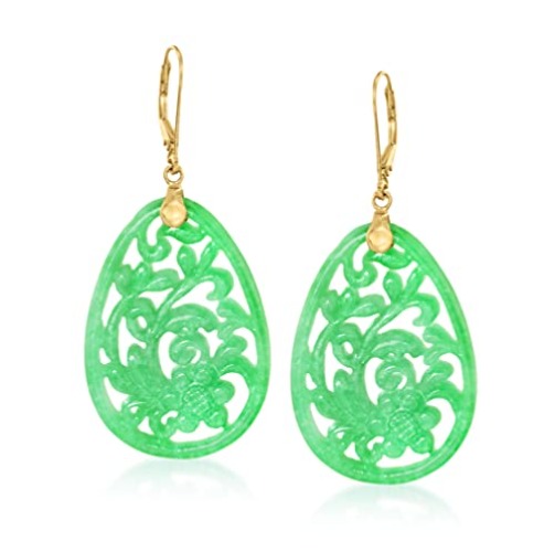Ross-Simons Carved Jade Floral Drop Earrings in 14kt Yellow Gold