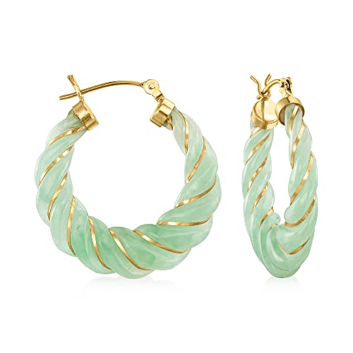 Ross-Simons Carved Gemstone Hoop Earrings with 14kt Yellow Gold - Jade