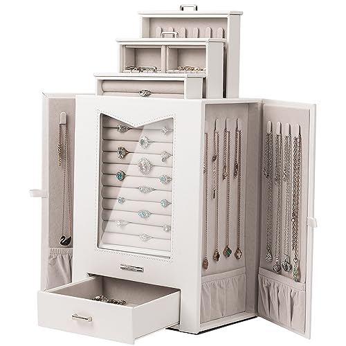 Homde Jewelry Organizer with Transparent Window Necklace Hooks Gift for Women Jewelry Box Display Case for Necklaces Rings Earrings Bracelets and Other Jewelry Accessories (White) - White