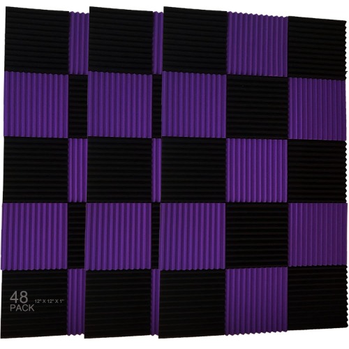 48 Pack purple BLACK 1" x 12" x 12" Acoustic Wedge Studio Foam Sound Absorption Wall Panels - Purple BLACK