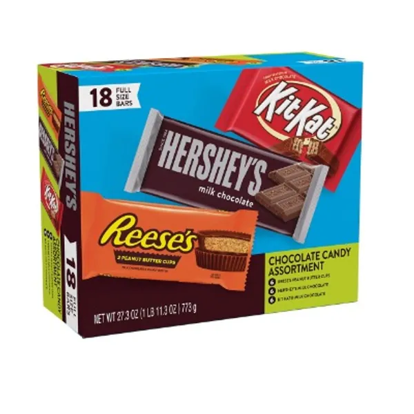 HERSHEY'S, KIT KAT and REESE'S Assorted Milk Chocolate Candy, Gift Box, 27.3 oz Variety Box (18 ct)