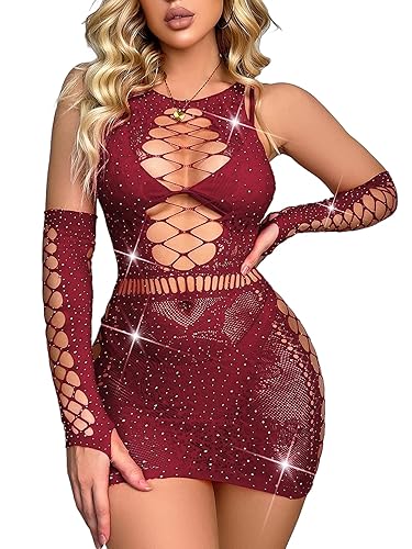 Avidlove Fishnet Lingerie Womens Mesh Chemise One Piece Babydoll Mini Dress Lace Sparkle Rhinestone Lingeries for Women - Dark Red