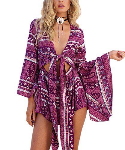 AELSON Women's Boho V Neck Print Romper Playsuit With Long Flare Sleeves - Large - 1 Rose