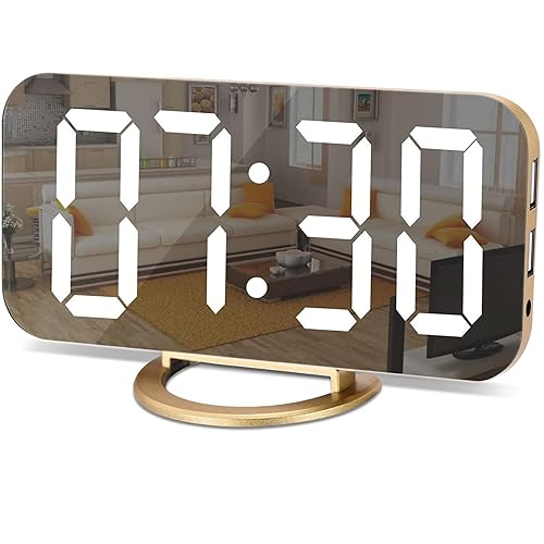 SZELAM Digital Alarm Clock,LED and Mirror Desk Clock Large Display,with Dual USB Charger Ports,3 Levels Brightness,12/24H,Modern Electronic Clock for Bedroom Home Living Room Office - Gold - Gold